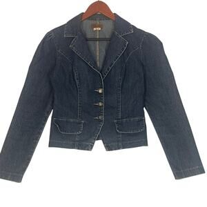 Vintage Y2K XOXO Denim Blazer Womens Medium Puff Shoulder Blue Fitted Cropped